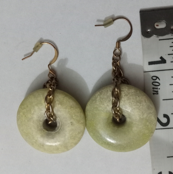 Jade Celestial Circle Mill Stone Earrings - Vintage Gold Chain - Picture 5 of 5